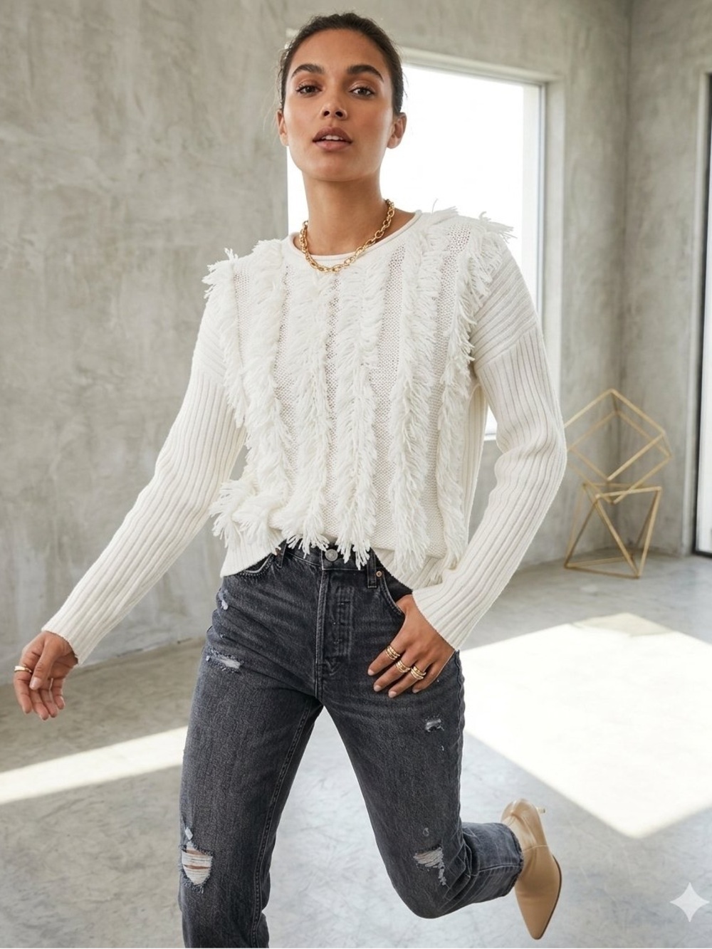 1.STATE Women's Cream White Fringe Drop Sleeve Knit Sweater Crewneck